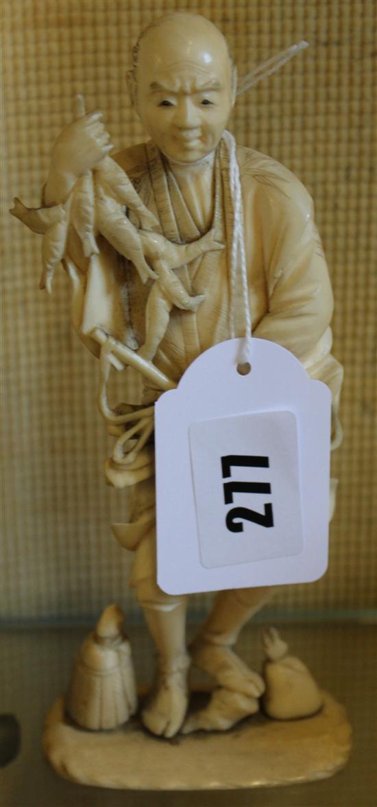 Japanese Meiji carved ivory okimono of a fisherman(-)